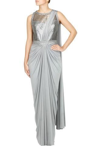 Haute Couture, Grey Color Saree, Draped Saree Gown, Pre Draped Saree, Amit Aggarwal, Saree Gowns, Draped Saree, Faux Metal, Saree Wearing Styles