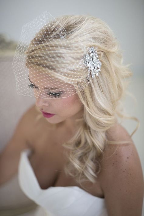 birdcage veil with a rhinestone comb and long hair down Vintage Birdcage Veils, Birdcage Veil Wedding, Wedding Hairstyles And Makeup, Beautiful Wedding Hair, Classic Wedding Hair, Wedding Birdcage, Wedding Veil Accessories, Wedding Hairstyles With Veil, Best Wedding Hairstyles