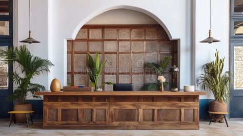 Generative AI, Front desk of boho hotel, reception stock photos Wicker Reception Desk, Small Hotel Lobby Design Reception Desks, Counter Desk Reception, Hotel Reception Interior Design, Boutique Hotel Reception, Traditional Reception Desk, Boutique Reception, Receptionist Design, Pos Counter