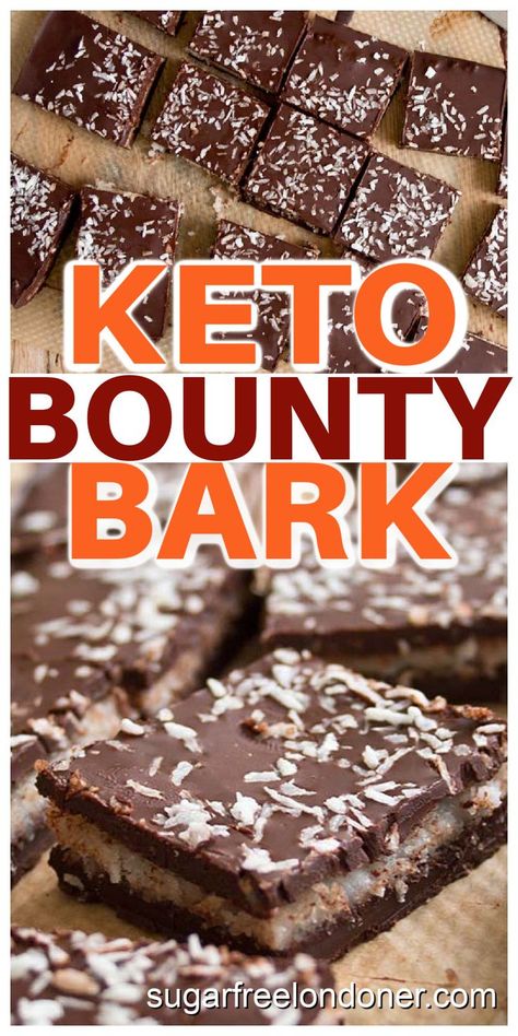 You only need 5 ingredients for this sugar free, keto bounty bar chocolate bark! This easy sugar free dessert is a simple copycat version of Bounty Bars, only without the sugar rush. We're talking luscious dark chocolate with a soft and creamy coconut filling. Only 0.8g net carbs per generous square. Keto Bounty Bars, Mounds Bars Recipe, Mounds Bars, Bounty Bars, Mounds Bar, Sugar Free Desserts Easy, Dark Chocolate Desserts, Dark Chocolate Recipes, Coconut Chocolate Bars