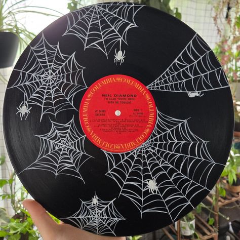 Spiderwebs are always more complex than I think they're going to be! What do you think of this one? ° ° ° #acrylicpainting #spookyart #spooky #record #vinylrecord #spiderweb #spider #uniqueart #art Spider Web Painting, Spiderweb Art, Music Art Painting, Record Painting, Paint Nite, Record Art, Artist Paint, Spider Web, Music Art