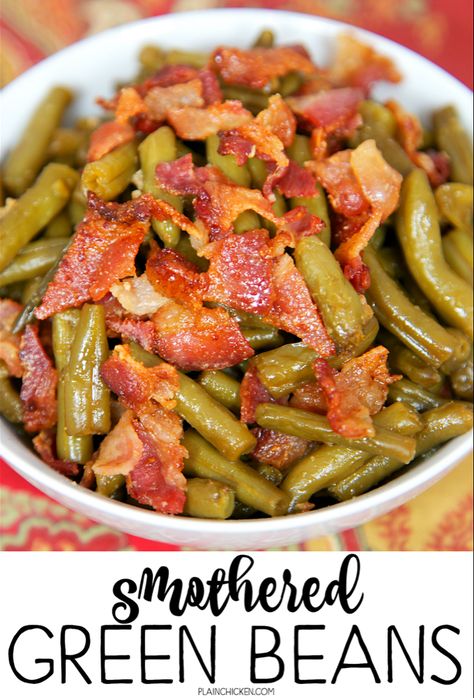 Canned Green Bean Recipes, Green Beans And Bacon, Beans And Bacon, Smothered Green Beans, Easter Side Dishes Recipes, Baked Green Beans, Beans With Bacon, Brown Sugar Butter, Easter Side Dishes