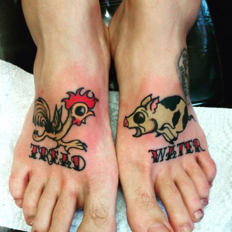 Rooster & pig feet tattoos Pig And Rooster Tattoo, Traditional Tattoo Meanings, Full Circle Tattoo, Tread Water, Chicken Tattoo, Rooster Tattoo, Pig Tattoo, Sailor Tattoos, Sailor Tattoo