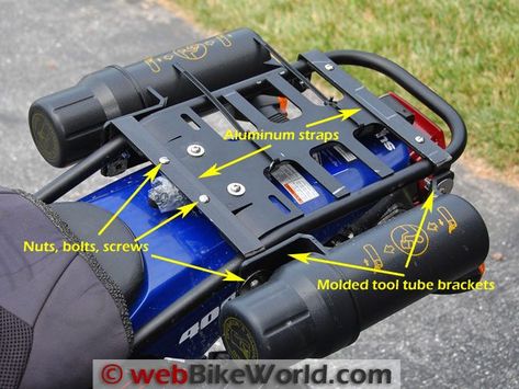 Motorcycle Tool Tubes on Luggage Rack Adventure Motorcycle Gear, Motorcycle Luggage Rack, Motorcycle Storage, Motorcycle Camping Gear, Klr 650, Diy Motorcycle, Motorcycle Equipment, Adventure Motorcycle, Dual Sport Motorcycle