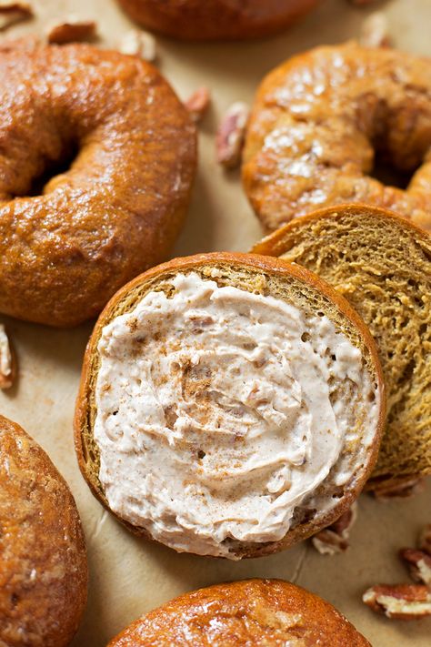 Homemade Pumpkin Bagels Recipe Pumpkin Bagels Recipe, Honey Pecan Cream Cheese, Bagels Homemade, Pumpkin Bagels, Bagels Recipe, Life Made Simple, Cream Cheese Spread, Whipped Honey, Homemade Bagels