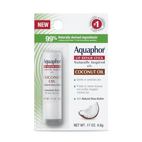 Aquaphor Naturally Inspired Lip Repair Stick with Coconut Oil and Natural Shea Butter, Hydrating Lip Balm Stick Immediately Relieves Dryness and Soothes Chapped Lips, 0.17 Oz Stick Aquaphor Lip, Very Dry Lips, Lip Repair, Lip Balm Stick, Healing Ointment, Beeswax Lip Balm, Hydrating Lip Balm, Cracked Lips, Moisturizing Lip Balm