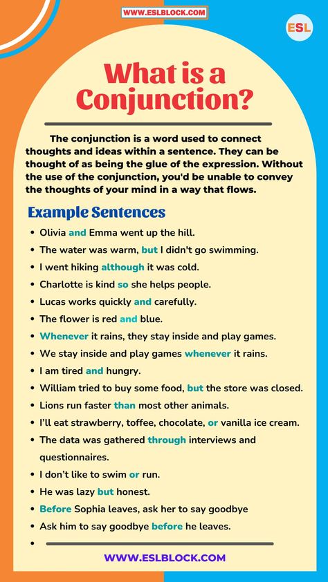 What is a Conjunction in English Grammar? - English as a Second Language Conjunction Example Sentences, Subordinating Conjunctions Anchor Chart, Conjunction Chart, Conjunction Examples, Subordinating Conjunctions Worksheets, Teaching Conjunctions, Conjunctions Anchor Chart, Correlative Conjunctions, Conjunctions Worksheet