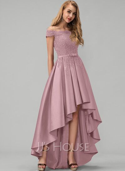 High Low Dresses, Special Dresses Fashion, Special Dress, Shoulderless Dress, Dress With Bow In The Back, Knee Length Prom Dress, Satin Gowns, High Low Prom Dresses, Classy Prom Dresses