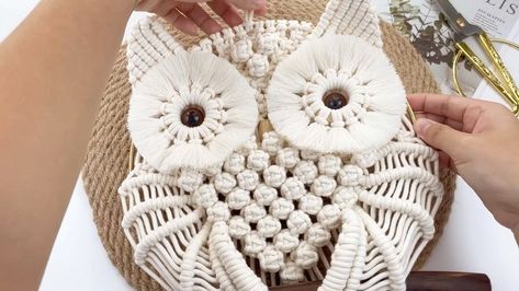 Miss Knottie ❤️ on Instagram: “The Macrame Owl 🦉 tutorial is finally here. I did try to push myself a lot for the last 3 days to make these full tutorials on Youtube and…” Owl Macrame Pattern Free, Macrame Owl Tutorial, Macrame Owl Wall Hanging Tutorial, White Owl Knot Macrame, Macrame Owls, Macrame Cords, Owl Tutorial, Macrame Owl, Macrame Supplies