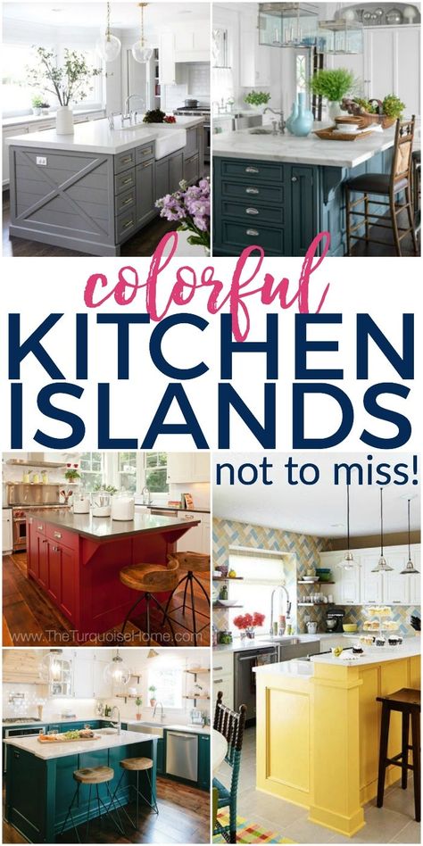 Teal Blue Kitchen Island, Paint Kitchen Island Ideas, White Kitchen Island Color Ideas, Green Blue Kitchen Island, Bright Kitchen Island Colors, Bold Kitchen Island Color, Kitchen Island Accent Color Farmhouse, Accent Color On Kitchen Island, Kitchen Islands Designs