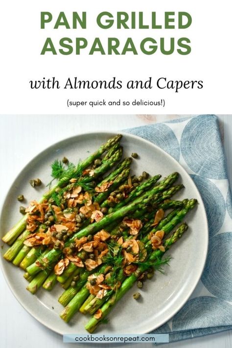 Pan Grilled Asparagus with Almonds and Capers | Ottolenghi Simple Asparagus On The Stove, Cook Asparagus, Vegetarian Sides, Vegetable Side Dishes Recipes, Meatless Main Dishes, Eating Light, How To Cook Asparagus, Side Dishes Recipes, Vegetable Side