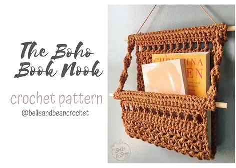 Boho Book Nook - The Boho Book Nook is a hanging basket perfect for a couple of books, magazines, keys, or whatever you need! Finished size on dowel rod is approx. 12 inches wide and 11 inches long. Paid pattern. Boho Book Nook, Crochet Wall Hanging Pattern, Macrame Hangers, Crochet Jellyfish, Crochet Wall Hanging, Wall Hanging Pattern, Pattern Rainbow, Crochet Wall Hangings, Mail Holder