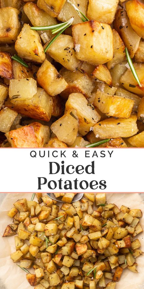 Simple yet flavorful diced potatoes to accompany any breakfast or dinner dish. Seasoned with fresh rosemary, salt, and pepper, then oven-roasted for a crisp crust surrounding tender centers. This easy potato recipe is sure to be a go-to for your family. Seasoned Diced Potatoes, Russet Potato Oven Recipes, Salt And Pepper Potatoes, Potatoes In The Oven Diced, Meals With Russet Potatoes, Baked Diced Potatoes Oven, Diced Frozen Potato Recipes, Diced Potatoes Skillet, Roasted Diced Potatoes