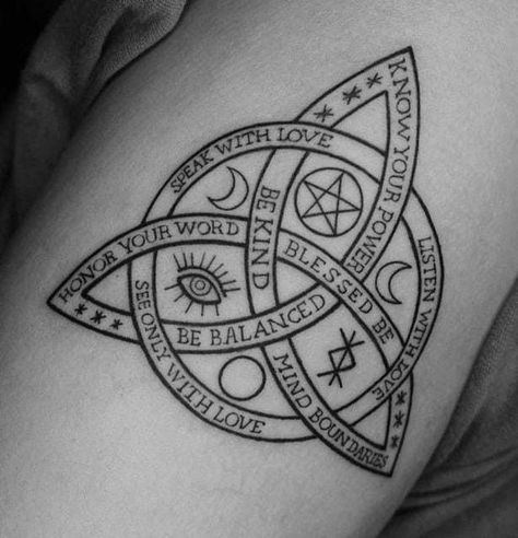 Irish Tattoos For Women Leg, Witchcraft Tattoo Sleeve, Celtic Trifecta Tattoo, Outside Hand Tattoo, Psychic Medium Tattoos, Pagan Tattoo Designs, Witchy Symbols Tattoo Ideas, Witchy Couple Tattoos, Unique Tattoo Ideas Sketches