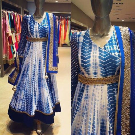 Indigo tie and dye.. Tie And Dye Dresses Indian, Leriya Kurti Design, Tie And Dye Kurti Design, Leheriya Anarkali, Peasant Dress Sewing Pattern, Bandhani Dress, Casual Indian Fashion, Indo Western Dress, Long Dress Design