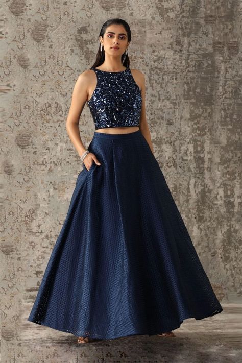 Blue Skirt Outfit Indian, Blue Lehenga Outfit, Party Wear Lehenga Crop Tops, Blue Crop Top Lehenga, Sharara Top, Skirt And Top Indian, Crop Top Outfits Indian, Full Skirt And Top, Blue Skirt Outfits