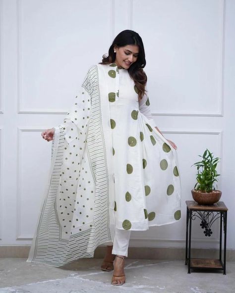 *Rc kurtis* Our love for comfort wear. Our cotton handblock kurta with standard bottom paired with beautiful cotton mul duppata.. 🧵 🧵 🧵 🧵 Polka dot Kurti a line pattern with side plates & hand work Lining attached in kurti Solid cotton pant Mul cotton printed duppta Fabric - cotton Length of kurta 46 Length of bottom 38-39 Duppata 2.3 meter Size 38,40,42,44 Price 1350 fs Dispatch ready A Line Pattern, Line Pattern, Comfort Wear, Hand Work, Side Plates, Line Patterns, Cotton Pants, Indian Wear, Fabric Cotton