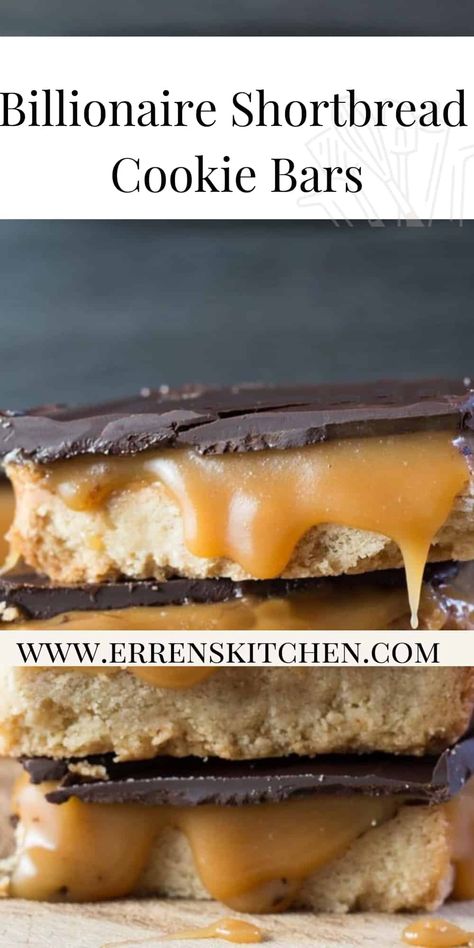 Who could possibly resist a slice of Billionaire Shortbread? With its moist yet crunchy base, gooey Salted Caramel center and hard Chocolate topping, This recipe will make the best dessert for parties or any occasion. #ErrensKitchen #shortbread #Desserts Shortbread Cookie Bars, Salted Caramel Filling, Caramel Shortbread, Short Bread, Caramel Filling, Chocolate And Caramel, Shortbread Recipes, Shortbread Cookie, Caramel Recipes