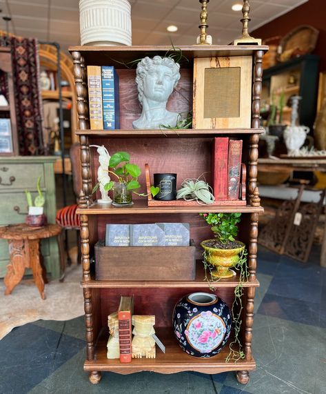 Looking for some fun shelving decor? We can help you with that! And….Look at what just arrived …a very nice vintage shelf/bookcase with fun spindle accents. Shelving Decor, Collection Decor, Vintage Shelf, Shelf Bookcase, Decorating Shelves, Shelf Decor, Display Shelves, Life Art, Rustic Decor