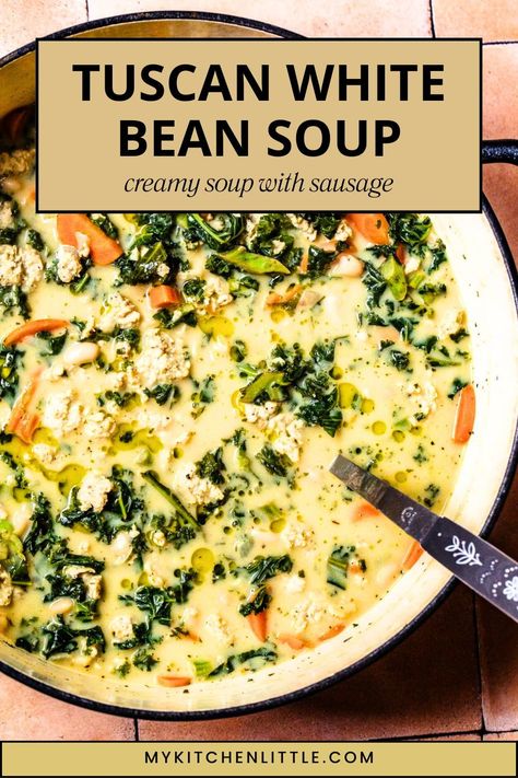 Discover this creamy Tuscan white bean soup with sausage. Ideal for Italian soup recipes and easy recipes on a budget. Save to your "Hearty Soups" board and visit the article for more details! Budget Soup Recipes, Bean And Kale Soup, Tuscan Sausage Soup, Ina Garten Tuscan White Bean Soup, Tucson White Bean Soup, Tuscan Bean Soup Recipe, Sausage And White Bean Soup, Creamy Tuscan Soup, Tuscan Soup With Sausage