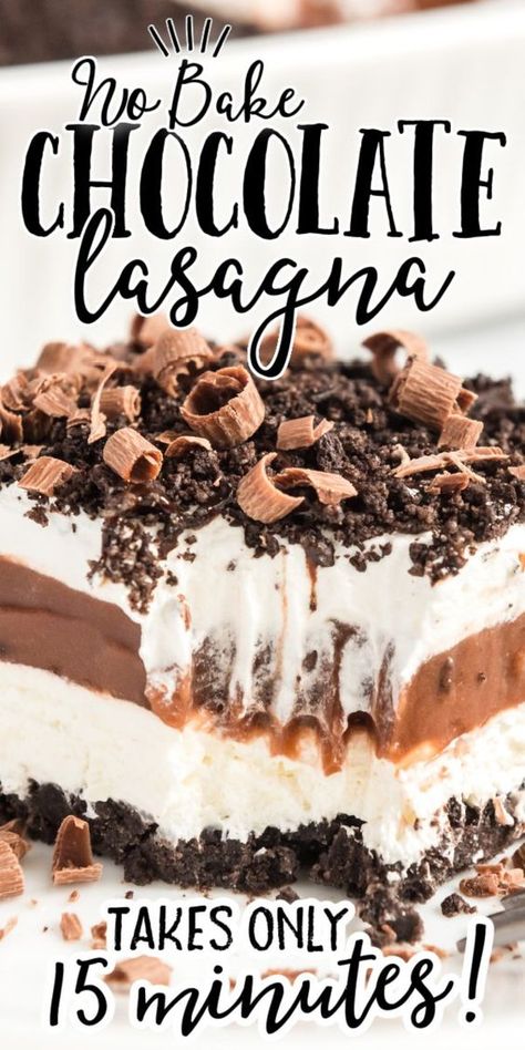 This cool, creamy chocolate lasagna recipe is the ultimate homemade dessert -- sweet and delicious, you'll be in love! The chocolate Oreo cookie crust creates the perfect base for the sweet layers of delicious pudding, cream cheese, and Cool Whip that come next. Chocolate Lovers Dessert, No Bake Chocolate Lasagna, Chocolate Lasagna Dessert, Cinnamon Treats, Chocolate Lasagna Recipe, Classic Lasagna Recipe, Dessert Oreo, Chocolate Lasagna, Easy Lasagna Recipe