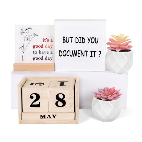 PRICES MAY VARY. 【Exquisite Positive Office Decor Gifts Set】This is an exquisite positive table decor gifts set, which includes 1 wooden box logo that printed with" but did you document it?", 1 office decoration plaque that printed with "it's a good day to have a good day ", 1 wooden desk calendar, 2 artificial succulents, adding beautiful scenery to your office. 【Premium & Durable】Each product in this office desk decor set is made of high-quality eco-friendly material, which is BPA free, sturdy Office Cricut Decor, Medical Assistant Desk Decor, Floral Office Decor Work Spaces, Office Decor Themes Work Spaces, Cute Work Office Ideas, Cat Office Decor, Hospital Office Decor, Cubicle Inspiration Office, Receptionist Desk Decor