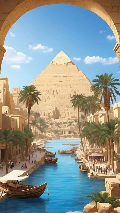 Ancient Egypt City, Egypt Aesthetic Wallpaper, Ancient Egyptian Aesthetic, Pyramid Aesthetic, Ancient Egypt Wallpaper, Nile Aesthetic, Ancient Egyptian City, Egyptian City, Ancient Egypt Aesthetic