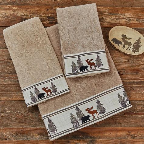 Woodland Moose & Bear Towel Collection Tan Towels, Brown Towel, Pine Tree Silhouette, Black Forest Decor, Forest Scenery, Park Designs, Towel Rack Bathroom, Towel Collection, Terry Towel