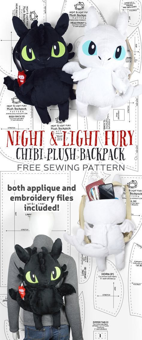 Free Pattern Friday! Night & Light Fury Chibi Plush Backpack – Choly Knight Dragon Backpack Pattern, Animal Backpack Pattern, Choly Knight Free Pattern, Night And Light Fury, Sewing Plushies, Choly Knight, Chibi Plush, Backpack Pattern Sewing, Backpack Sewing