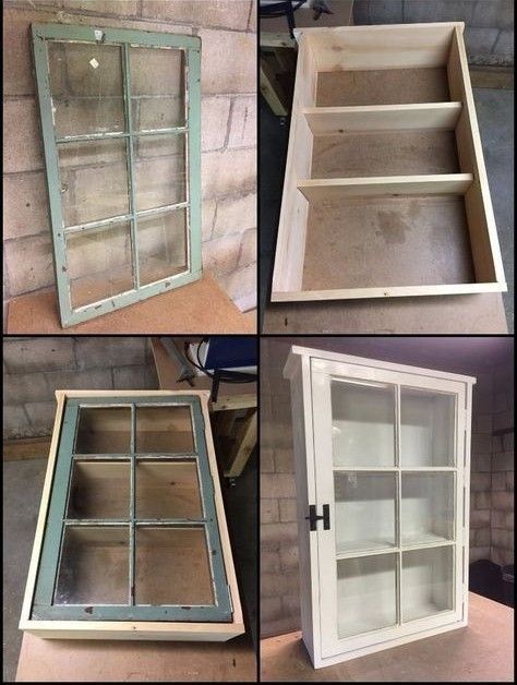 Uses For Old Windows Diy Projects, Diy Window Cabinet, Old Window Cabinet Diy, What To Do With Old Windows Ideas, Old Window Ideas Farmhouse, Window Cabinet Ideas, Crafts With Old Windows, Window Decoration Inspiration, Diy Old Window Projects