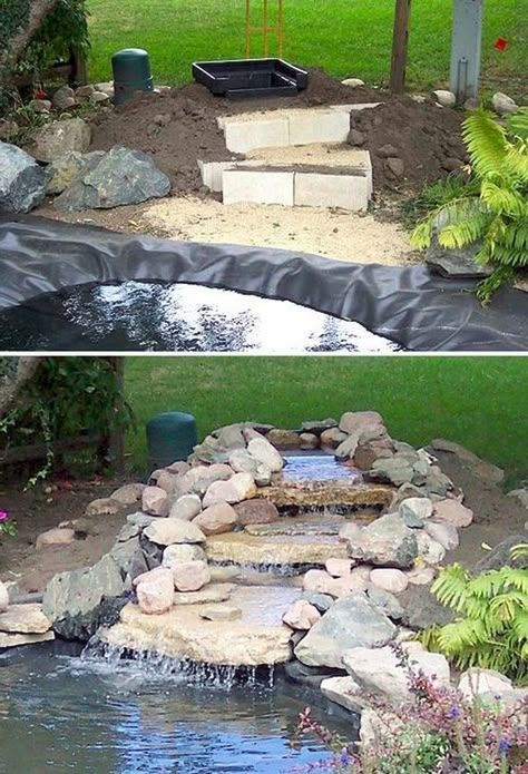 Pond Landscaping Ideas, Small Garden Design Ideas Low Maintenance, Backyard Waterfall, Taman Air, Garden Pond Design, Stone Cottages, Garden Waterfall, House Simple, Pond Waterfall