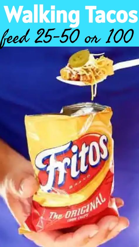 Walking Tacos: feed 25-50 or 100. A person is holding a Fritos bag being used as a container for taco ingredients. Feeding A Lot Of People, Feeding A Large Group, Feeding 50 People, Feeding A Crowd On A Budget, Walking Tacos For A Crowd, Feed 100 People, Tacos For A Crowd, Food To Feed A Crowd, Recipes To Feed A Crowd