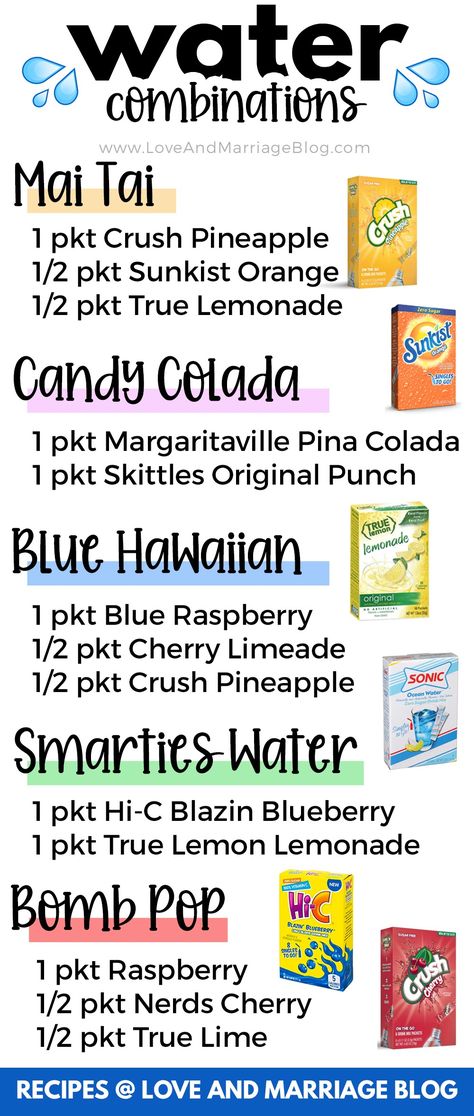 Summer Water Recipes, Sugar Free Drink Packet Recipes, Unicorn Water Recipe, Water Packet Organization, Water Tock Recipes, Drink Mix Packet Recipes, Drink Packet Organization, Powdered Drink Mix Recipes, Bariatric Basics