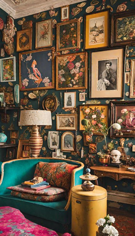 Vintage maximalism Vintage Maximalism, Maximalism Decor, Dark Boho Living Room, Maximalist Interior Design, Maximalist Interior, Vintage Interior Design, Framed Pictures, Casa Vintage, Maximalist Decor