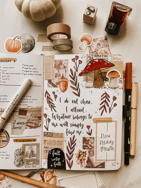 Journaling Fall Aesthetic, September Art Journal, Scrapbook Book Pages, October Aesthetic Journal, Art Planner Journal, October Journal Aesthetic, Fall Theme Journal, Autumn Journaling Aesthetic, October Bujo Theme Ideas