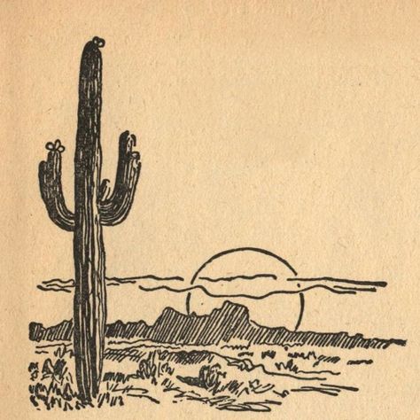 Wild West Aesthetic Drawing, Punchy Wall Art, Desert Cowboy Tattoo, Western Scenery Tattoo, Drawings Of Cactus, Western Vintage Tattoo, Cool Western Drawings, Western Style Drawing, Western Aesthetic Drawing