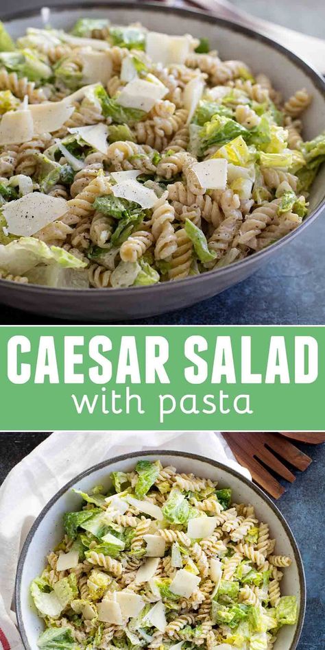 A fresh take on the Caesar salad, this Caesar salad with Pasta is a pasta salad/green salad hybrid that is combined with a homemade dressing for a perfect side dish or potluck salad. Caesar Salad With Pasta, Green Salad With Pasta, Pasta Caesar Salad, Salad With Pasta, Salad Caesar, Potluck Salad, Prawn Salad, Side Salad Recipes, Salad Salad