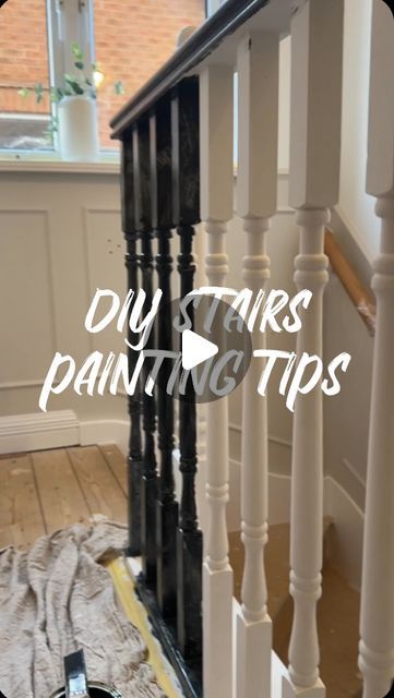 Black Painted Spindles On Stairs, Painting Railings For Stairs, Black Stairs Painted, Staircase Painting Ideas, Painting Stair Railings, Painted Banister Ideas, Black Painted Staircase, Diy Banister, Black And White Staircase