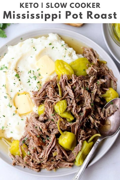 The most delicious, tangy, rich pot roast you'll ever have! Slow Cooker Mississippi Pot Roast, Keto Slow Cooker, Chuck Roast Recipes, Mississippi Roast, Slow Cooker Dinner Recipes, Au Jus Gravy, Mississippi Pot Roast, Beef Chuck Roast, Slow Cooker Dinner