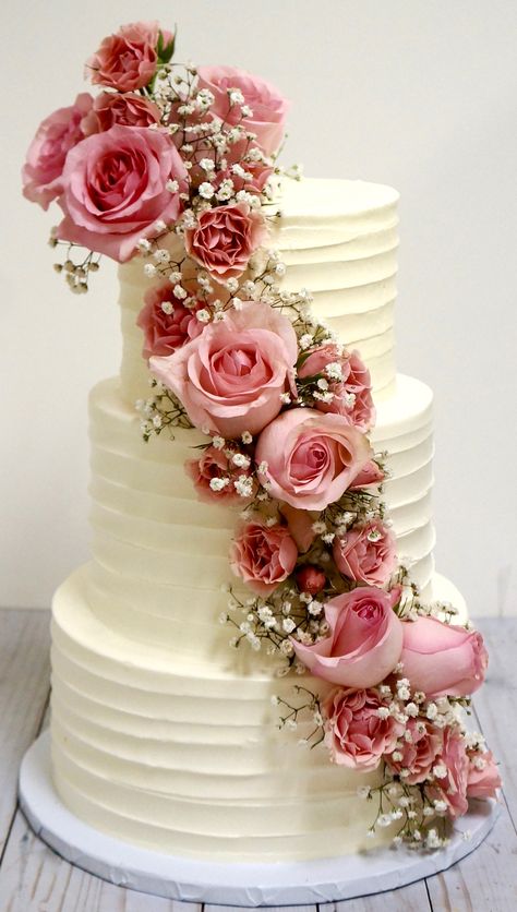 Flower Cake 2 Tier, 3 Tier Flower Cake, 2 Tier Flower Cake, Roses On Cake, 3tier Cake, Pink Floral Cake, Cake With Roses, White Birthday Cakes, Fondant Cake Designs