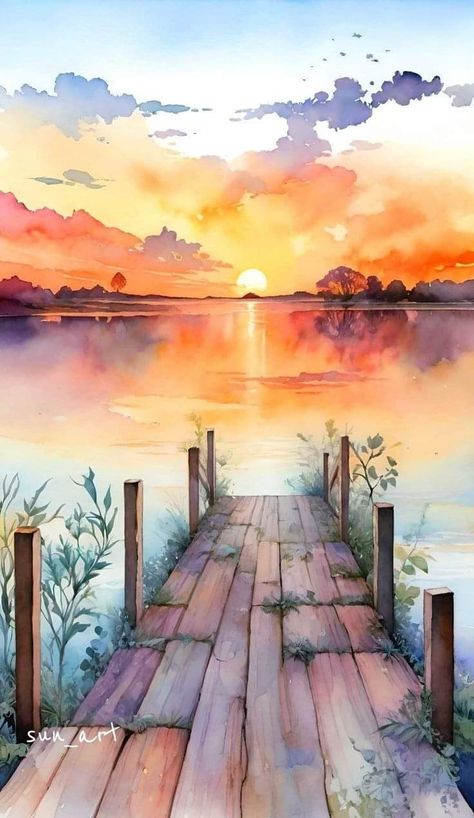 Sunset Watercolour Painting, Watercolor Paintings Scenery Beautiful, Watercolor Sunrise Easy, Beautiful Watercolor Paintings Nature, Acvarel Painting, Day Dreaming Art, Watercolor Art Scenery, Scenery Painting Watercolor, Watercolor Art Sunset