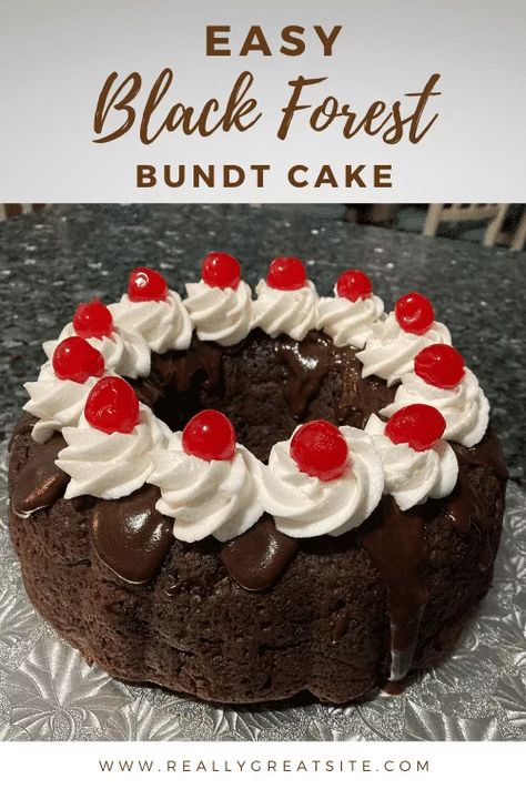 Black Forest Bundt Cake Recipe, Black Forest Bundt Cake, Black Forest Cake Easy, Black Forest Cherry Cake, Valentine Baking, Bunt Cake Recipe, Christmas Bundt Cake, Chocolate Cake Mix Recipes, Black Forest Cake Recipe