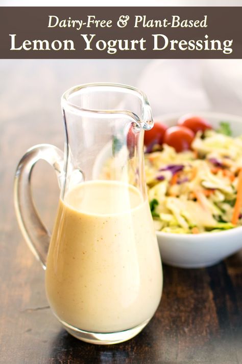 Dairy-Free Lemon Yogurt Salad Dressing Recipe - optionally vegan, paleo, and allergy-friendly. Light and creamy, great with fresh salads. Vegan Blue Cheese Dressing, Yogurt Salad Dressing, Yogurt Salad, Dairy Free Dips, Dairy Free Salads, Salad Dressing Recipe, Quick Salads, Spicy Brown Mustard, Lemon Yogurt