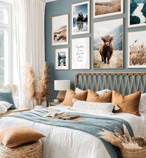 Breathtaking nature gallery wall Highland cow prints oak frames - Bedroom - Posterstore.com Design Ložnic, Minimalist Dekor, Gallery Wall Inspiration, Style Deco, Room Makeover Bedroom, Bedroom Green, Master Bedrooms Decor, Room Inspiration Bedroom, Design Case