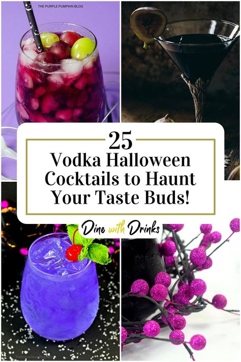 Collage of 4 vodka halloween cocktails. Titos Vodka Halloween Drinks, Spooky Vodka Drinks, Spooky Drinks Alcohol Vodka, Halloween Cocktail For A Crowd, Halloween Cocktails With Champagne, Halloween Cocktail Punch Alcohol, Fun Drinks With Vodka, Halloween Drinks Alcohol Vodka, Halloween Drinks Alcohol Pitcher