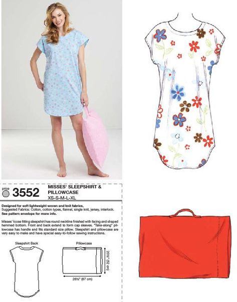 Purchase Kwik Sew 3552 Sleep Shirt and Pillowcase and read its pattern reviews. Find other Easy to Sew, Loungewear, Sleepwear, sewing patterns... Sleep Shirt Pattern, Nightie Pattern, Pillowcase Sewing, Summer Nightgown, Nightgown Pattern, Kwik Sew Patterns, Night Gowns, Hospital Gown, Kwik Sew