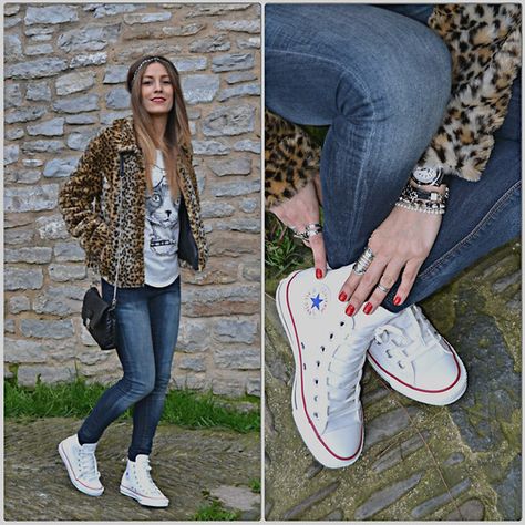 Converse All Star, Leopard Coat, Zara Skinny Jeans, Juicy Couture Black Watch Chuck Taylor High Tops Outfit, White All Star Converse Outfit, Converse Chuck Taylor All Star Outfit, All Star Converse Outfit, All Star Outfit, Fall Fashion Trends Casual, Stars Converse, White All Stars, High Tops Outfit