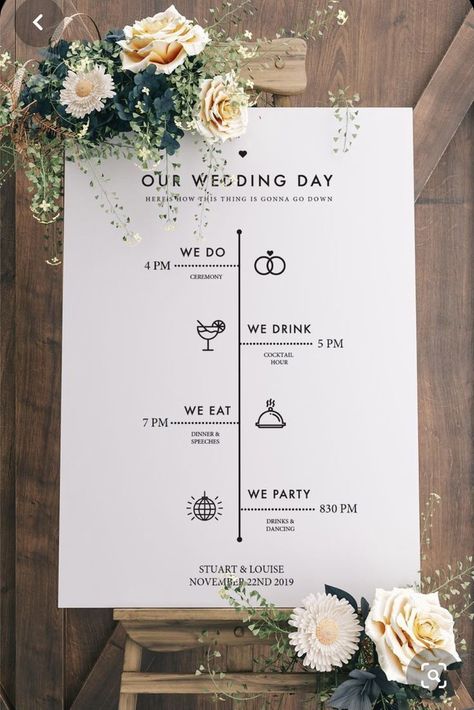 We Do We Drink We Eat We Party Sign, Easy Wedding Decorations, Wedding Program Sign, Wedding Timeline Template, Timeline Template, Modern Wedding Decor, Printable Wedding Sign, Wedding Day Timeline, Future Wedding Plans