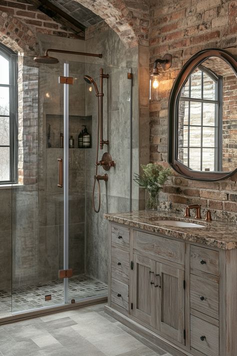 Discover modern bathroom ideas with a rustic twist. This bathroom features exposed brick, vintage fixtures, and a spacious shower area. Perfect for those loving a blend of the old and new. #BathroomDesign #RusticCharm #HomeDecor Exposed Brick Bathroom Ideas, Rustic Shower Ideas Bathroom Farmhouse, Rustic House Bathroom, Brick In Bathroom, Bathroom Brick Wall, Brick Shower Wall, Rustic Shower Ideas Bathroom, Vintage Master Bath, Brick Bathroom Ideas