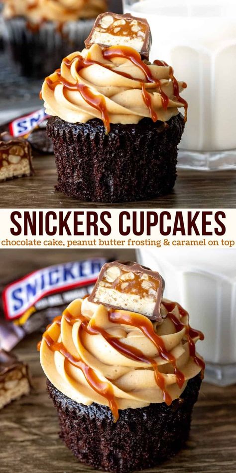 Fudgy chocolate cupcakes, creamy peanut butter frosting and a drizzle of caramel - these Snickers cupcakes have everything you love about the classic candy bar! Then top them with a chunk of Snickers, and these cupcakes are truly next level delicious. #snickers #cupcakes #candybar #recipe #peanutbutterfrosting #caramel #chocolatecupcakes from Just So Tasty Witchy Tea, Snickers Cupcakes, Snicker Cupcakes, Moist Chocolate Cupcakes, Boozy Cupcakes, Chocolate Cupcakes Moist, Alcoholic Desserts, Dessert Sauce, Cupcakes Recipes